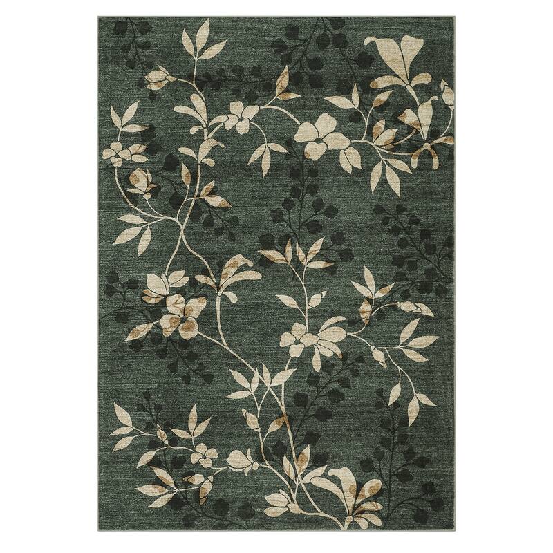 Modern Leaves Pattern Area Rug Botanical Print Washable Rugs for Living Room Bedroom Non-Slip Low Pile Floor Carpet