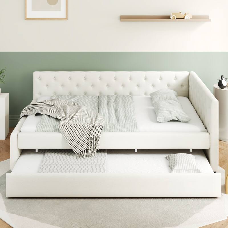 Full XL Size Upholstered Platform Bed Frame with Trundle, Elegant Tufted Button Design and Extra Sleeping Space for Bedroom