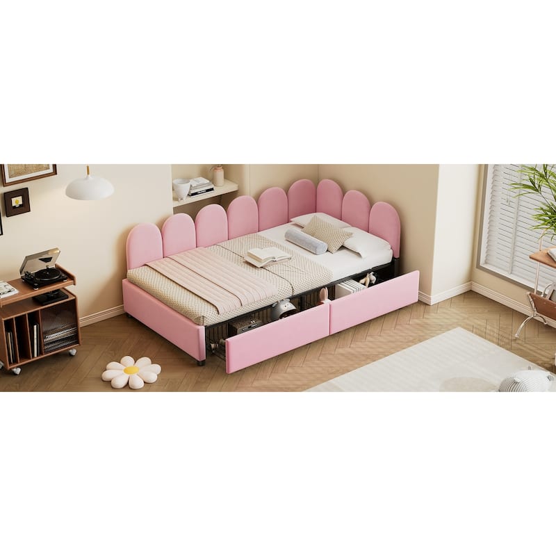 Twin Size Velvet Upholstered Daybed with 2 Drawers and Soft Fabric Headboard for Bedroom