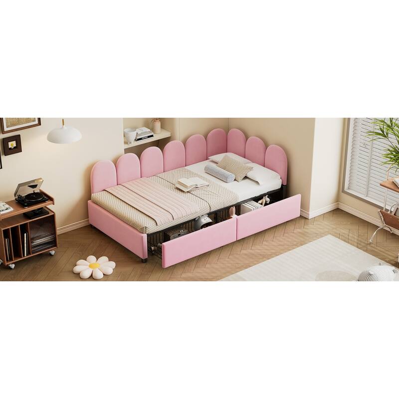 Twin Size Velvet Upholstered Daybed with Two Drawers and Soft Headboard