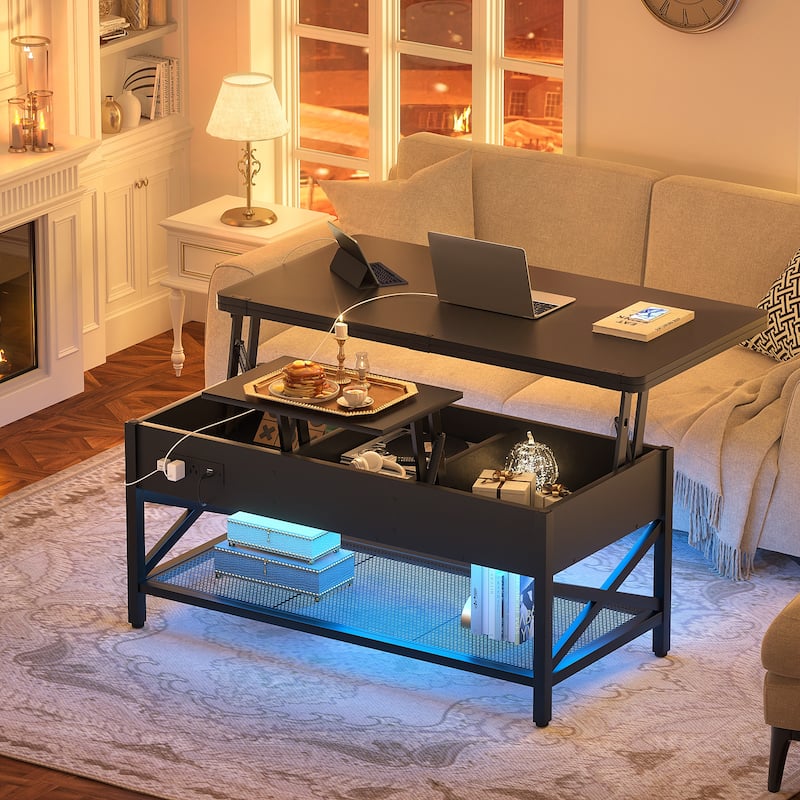 Modern Black Expandable Lift Top Coffee Table Converts to Dining Table with LED Light and Power Outlet