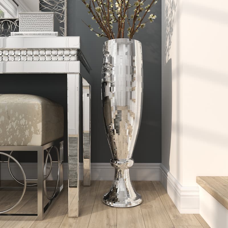 Silver Polystone Glam Vase with Mosaic Mirror Inlay
