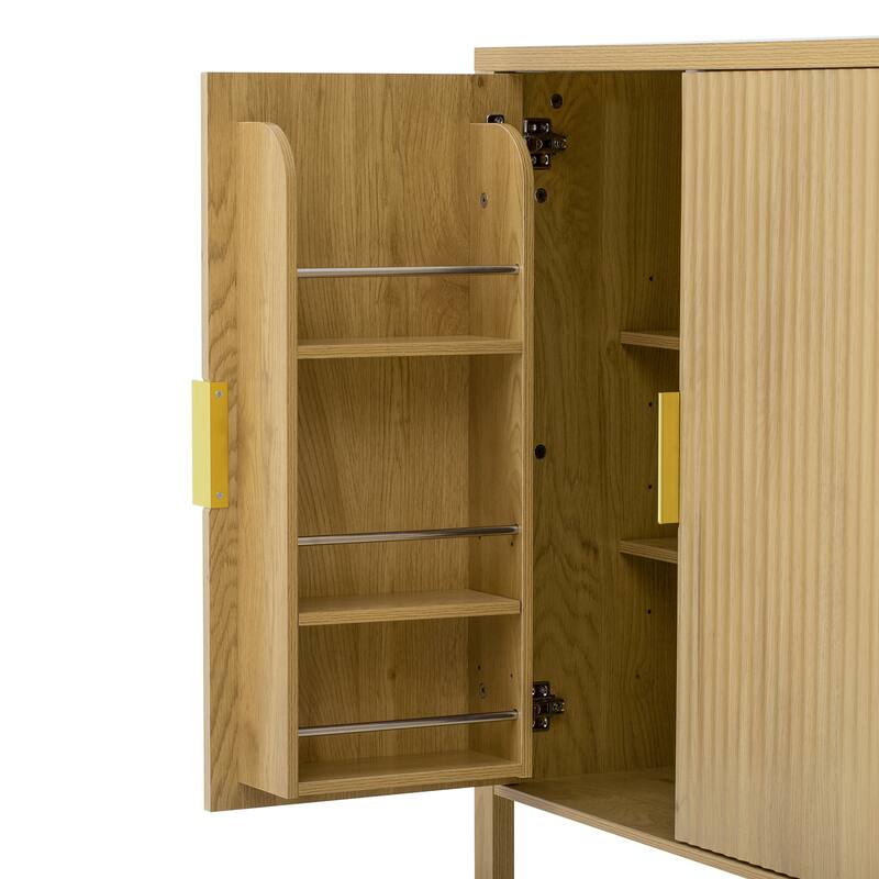 Storage Cabinet with 4 Stripe Door and Side Hooks, Buffet Cabinet Adjustable Shelves & Aluminum Handles for Living Room