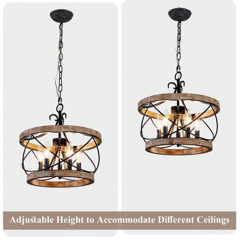 Cusp Barn 15.7 Inch Farmhouse Drum Wood Chandelier, 5-Light Rustic Over Table Chandelier Light Fixtures for Kitchen Island Foyer