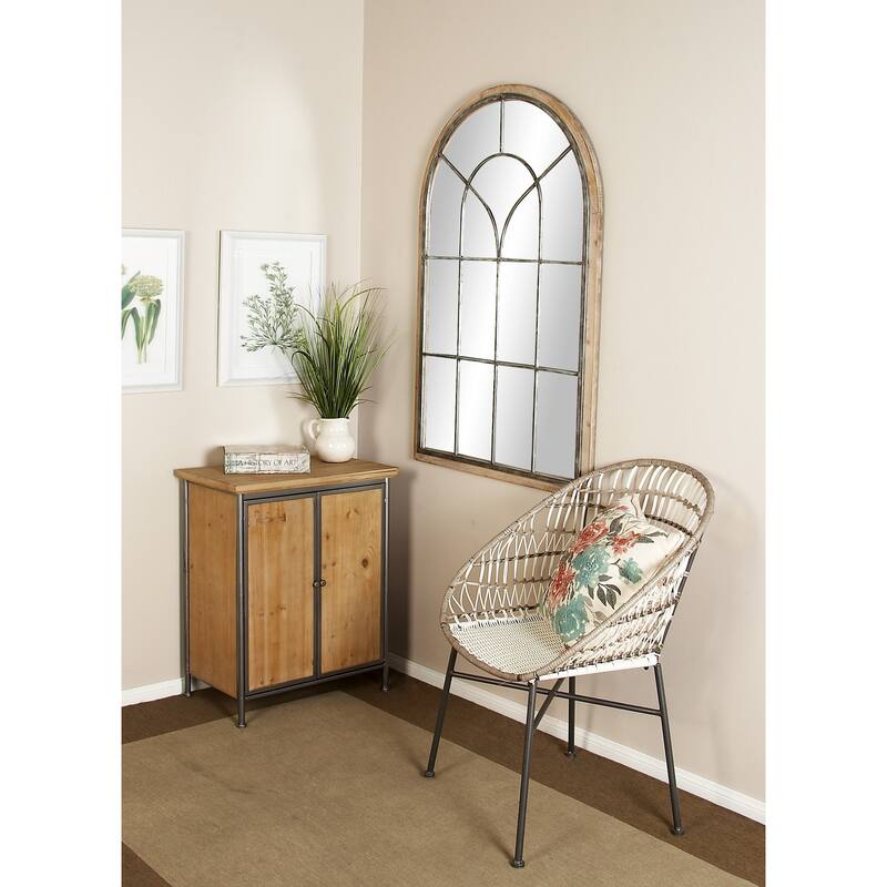 Wooden Window Pane Inspired Wall Mirror with Arched Top - Brown - Roche River Decor - 1"W x 33"L x 51"H