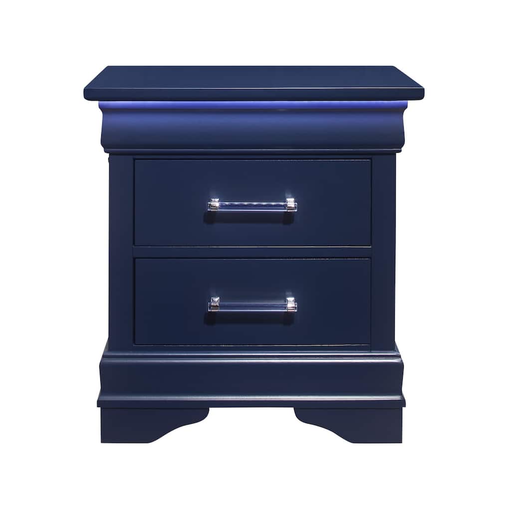 24" Blue Two Drawer Solid Wood Lighted Nightstand