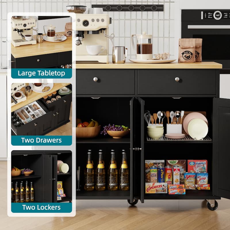 Kitchen Storage Island with 2 Drawers & Extendable Countertop - Rolling Storage Cart with Towel Rail, Lockable Wheels
