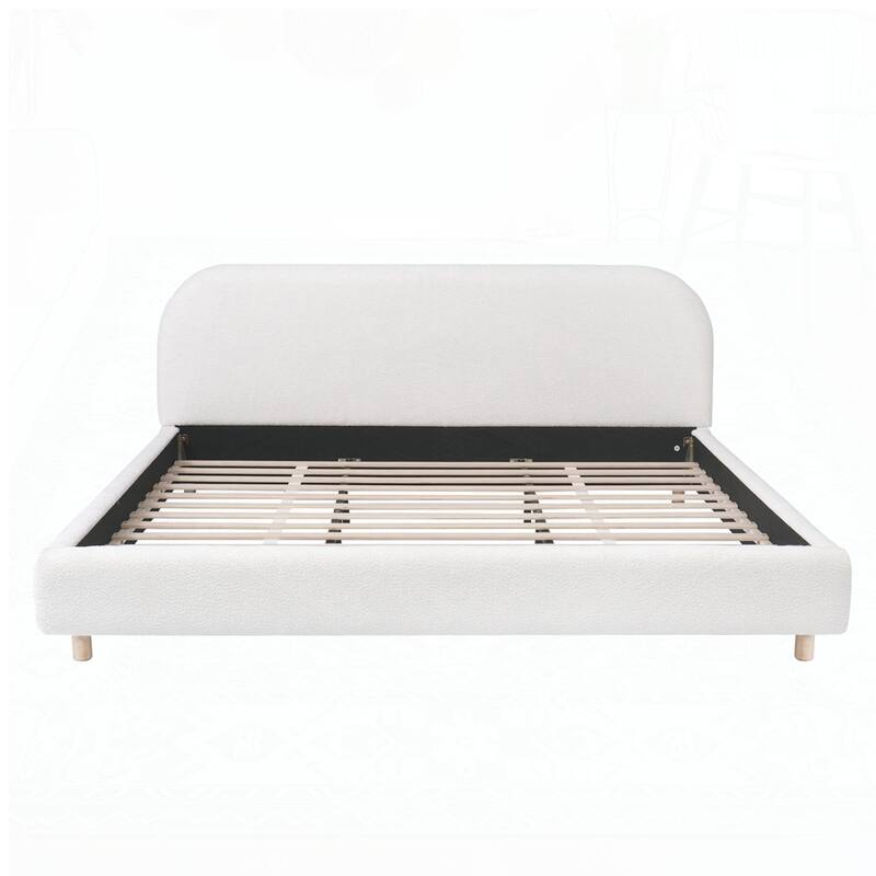 Boucle Fabric Upholstered Platform Bed with Curve-Shaped Design Headboard