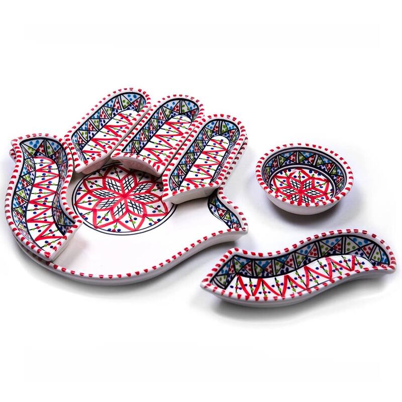 Bohemian Hamsa Dipping and Serving Set - Versatile Handcrafted Ceramic Decor - Red