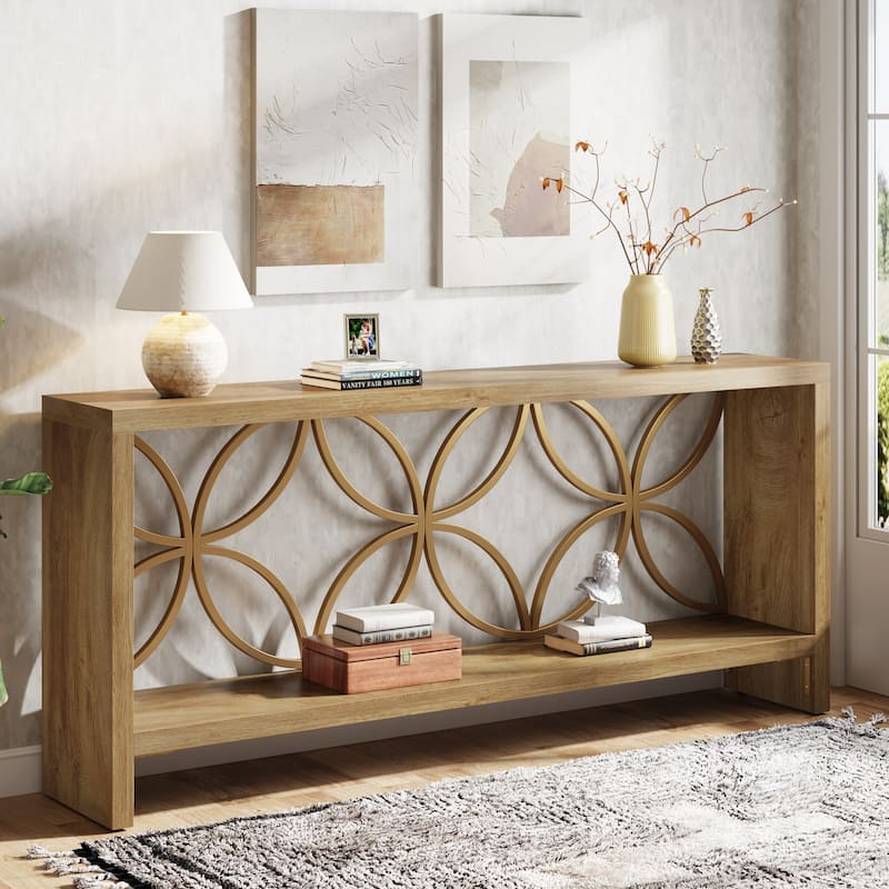 70.9 Inches Narrow Sofa Table, 2-Tier Console Table with Storage - Light Brwon