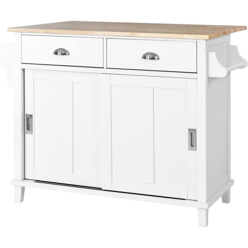 Wooden Kitchen Island with Rubber Drop-Leaf Countertop, Rolling Storage Cabinet wConcealed Sliding Barn Door & Adjustable Height