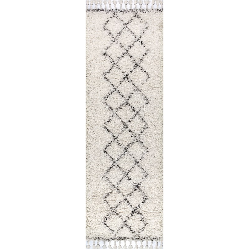 JONATHAN Y Modern Shag Plush Tassel Moroccan Tribal Geometric Trellis Area Rug - 2 X 8 - Cream/Grey