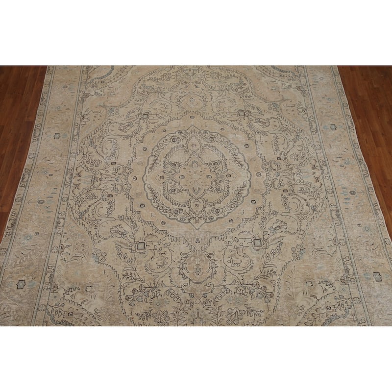 Hand Knotted Oriental 100% Wool Carpet Traditional Floral Beige & Ivories Tabriz Area Rug - 12' 7'' X 9' 7''