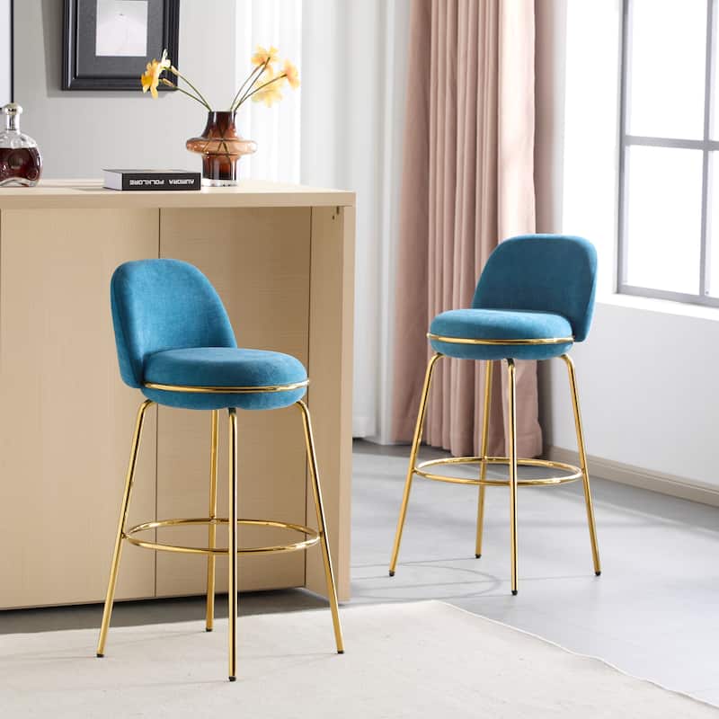 Chic Bar Stools Set of 2 Blue Fabric Upholstered Accent Chairs with Low-profile Back, Metal Frame and Integrated Footrest - Blue