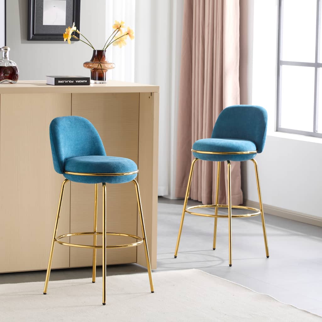 Chic Bar Stools Set of 2 Blue Fabric Upholstered Accent Chairs with Low-profile Back, Metal Frame and Integrated Footrest
