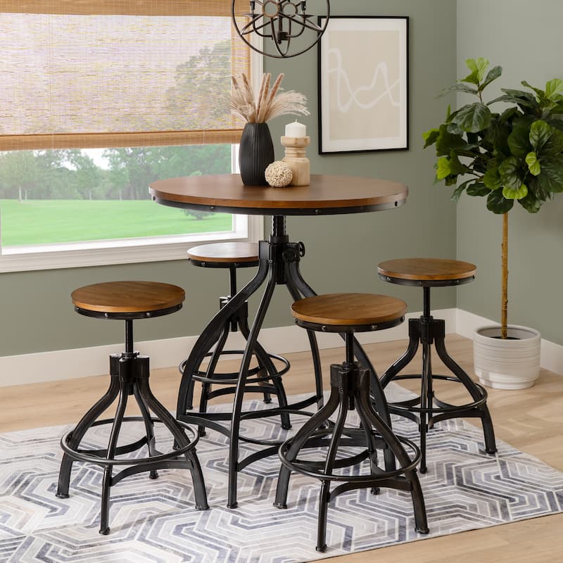 Linon Caverly Steel/Wood Industrial 5-Piece Adjustable Round Bar Stool Set - Brown