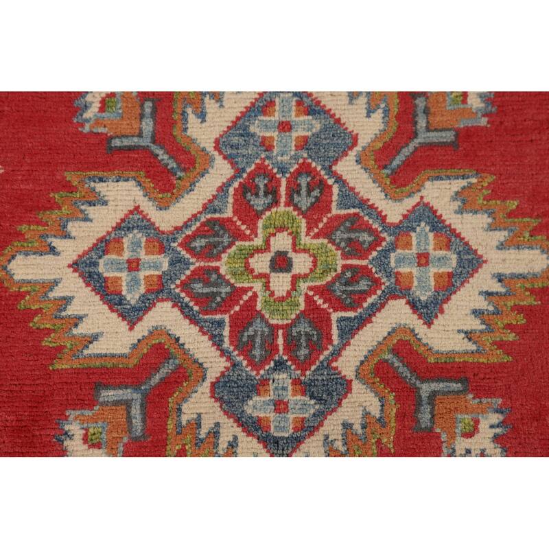 Geometric Kazak Area Rug Handmade Oriental Red Living Room Wool Carpet - 4'11" x 6'8"