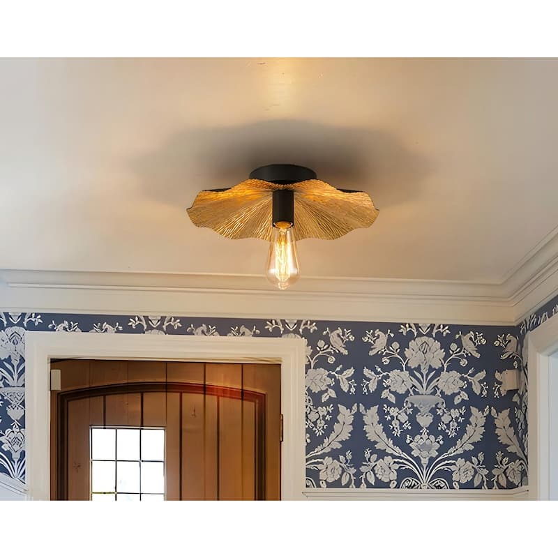1-Light Farmhouse Black Gold Semi Flush Mount with Wave-edged Metal Shade - 13-in W x 3.5-in H