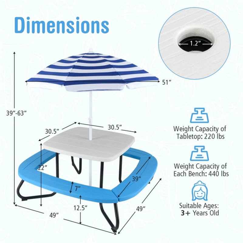 Kids Outdoor Picnic Table with Adjustable Umbrella and Benches Metal Frame and Weather-Resistant Surface - 49" × 49" × 39"-63"