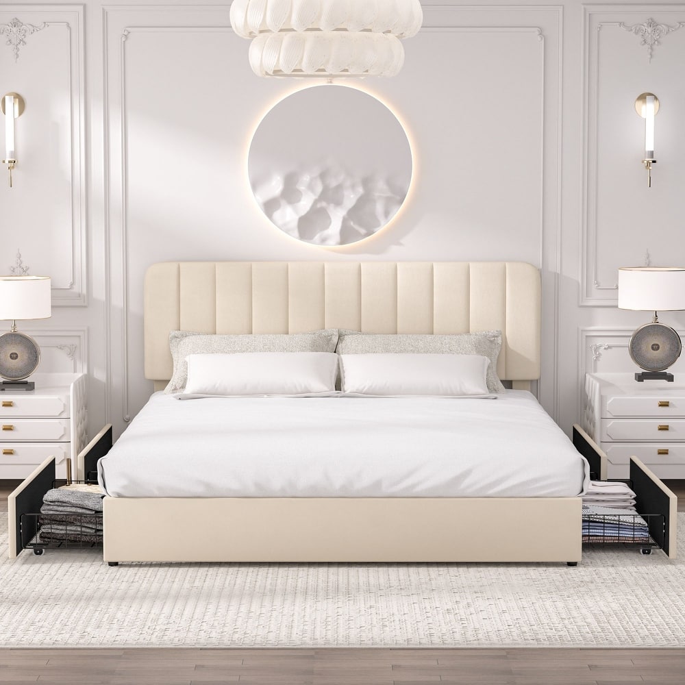 VECELO Bed Frame with 4 Storage Drawers Upholstered Platform Bedframe with Adjustable Headboard