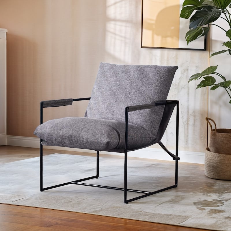 Modern Accent Linen Sling Chair with Metal Framed Soft Bag Cushion, Comfy Accent Chair for Living Room Office