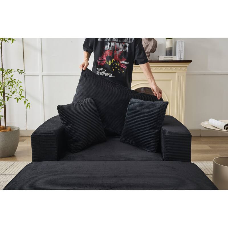 Chaise Lounge Chair with Removable Ottoman, Modern Accent Armchair Corduroy Sleeper Sofa Chair with Pillows for Living Room
