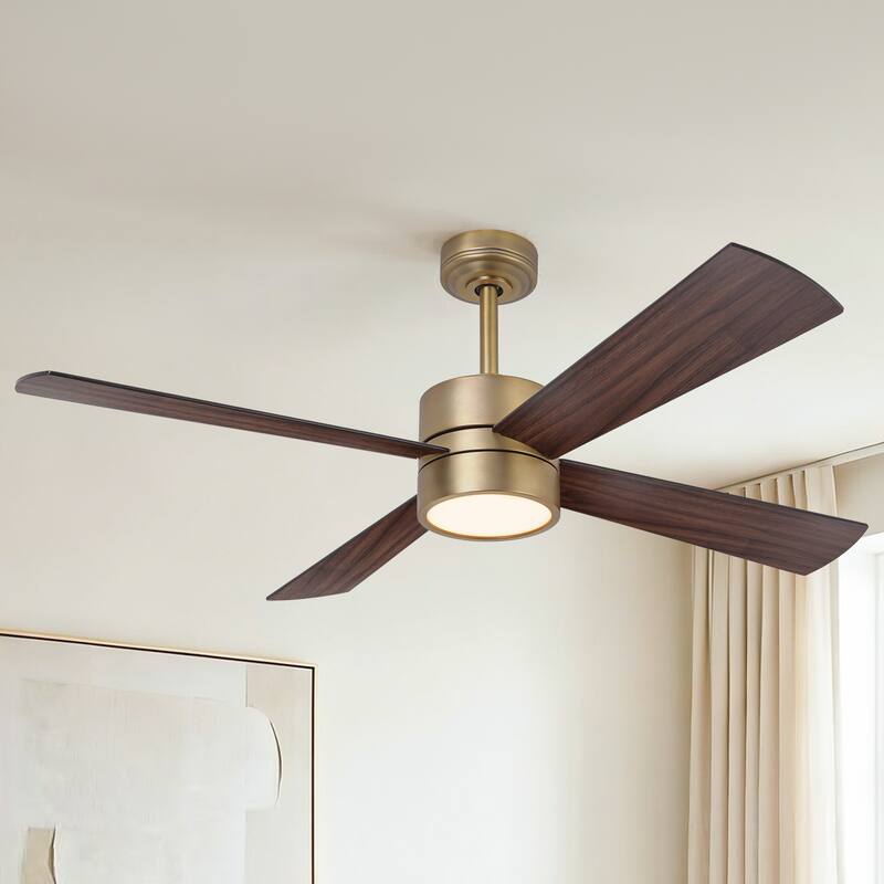 52-inch Natural Brass Plywood Indoor Downrod Mount Ceiling Fan with Integrated LED and Remote Control