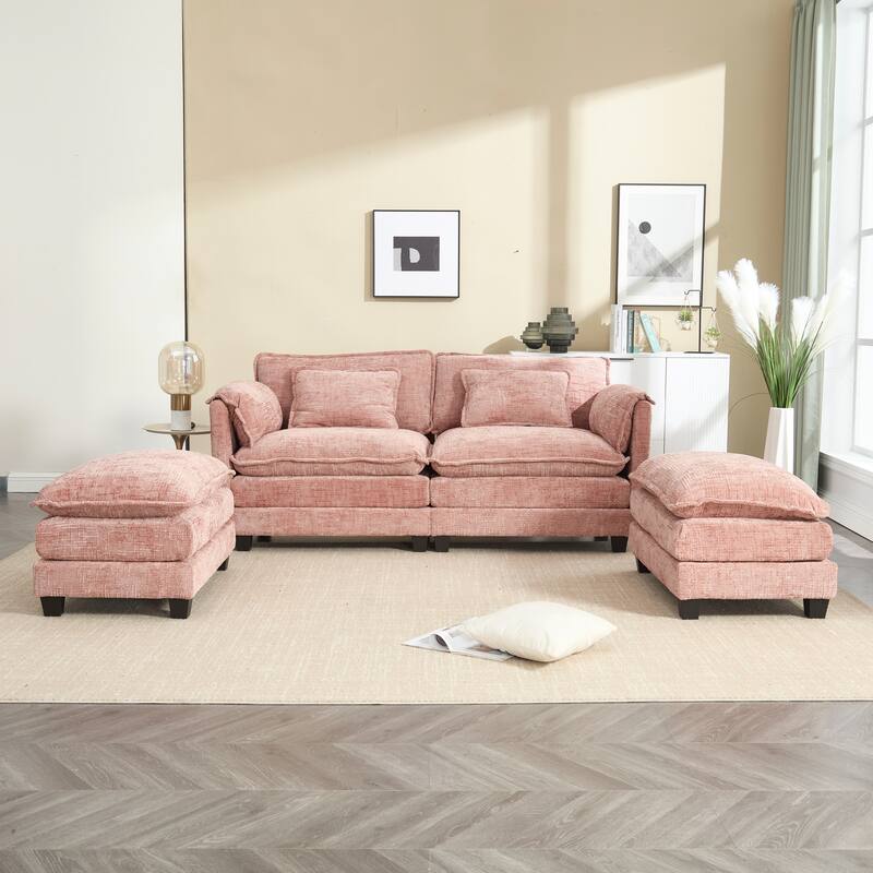 Chenille Fabric Loveseat Sofa Couch with 2 Ottomans and Side Pockets