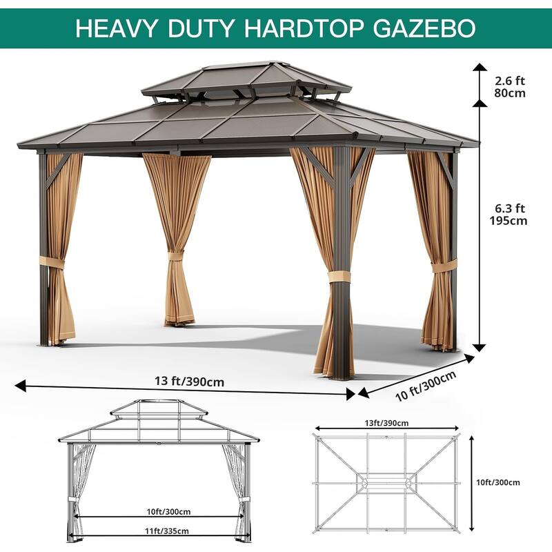 Hardtop Outdoor Double Roof Gazebo, Aluminum Frame Permanent Pavilion with Curtains and Nettin