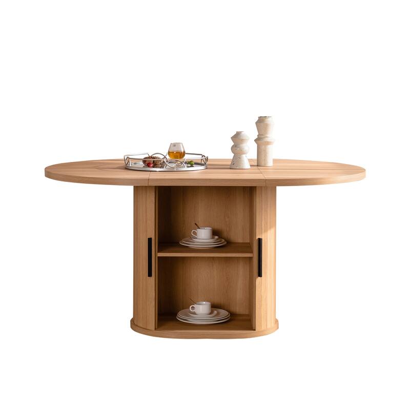 Oval Dining Table for 4-6 People, Wooden Kitchen Dining Table, Dining Table with 2 Layer Storage Shelf & Slide Door
