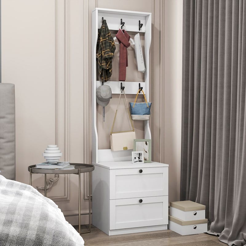 Dual-Purpose Coat Rack & Nightstand – Wooden Entryway/Bedroom Organizer with Drawer & Wall Hooks‌ - White