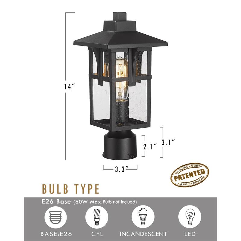 JAZAVA Outdoor Post Light, Outdoor Pole Lantern Pillar Light Fixture with Seeded Glass Shade, Matte Black Finish