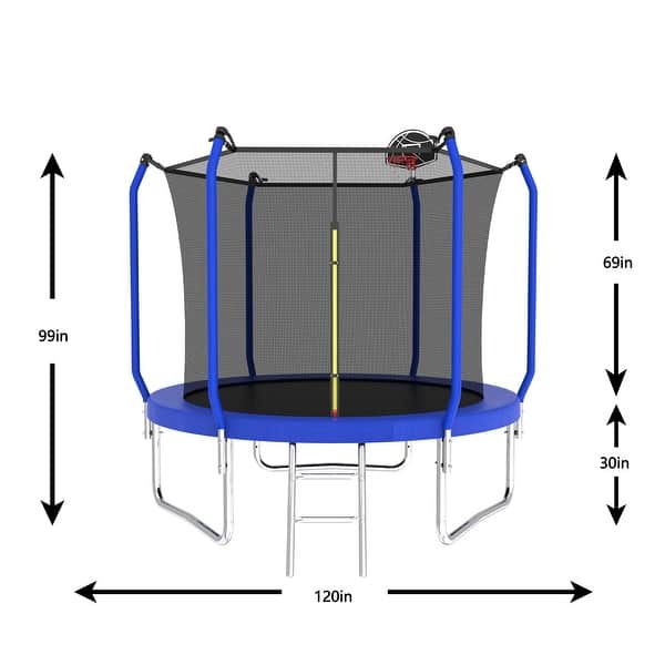 dimension image slide 0 of 2, 10 ft. Blue Round Outdoor Trampoline with Enclosure Net and Basketball Hoop