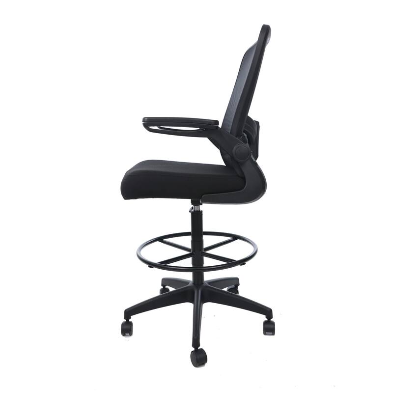 Dea Drafting Stool Chair, Flip-Up Arms, Black Mesh, Chrome Footring