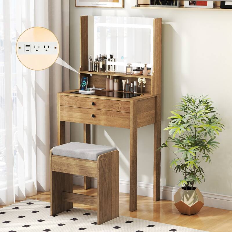 Gymax Small Vanity Desk Makeup Table & Padded Stool Set w/ Charging