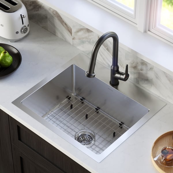 slide 2 of 10, Karran Top Mount Stainless Steel 25 in. 16-Gauge Drop-In Single Bowl Kitchen Sink Kit