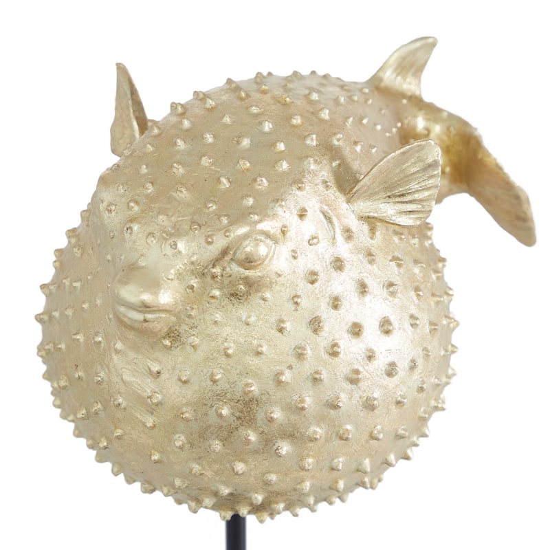 Gold Polyresin Handmade Spiked Blowfish Decorative Sculpture with Stand - 10 x 7 x 14