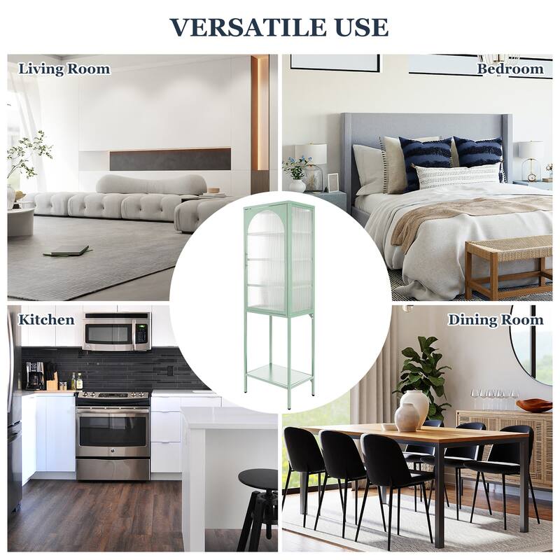 Stylish Tempered Glass High Cabinet with Arched Door Adjustable Shelves and Feet Anti-Tip Dust-free Fluted Glass Kitchen