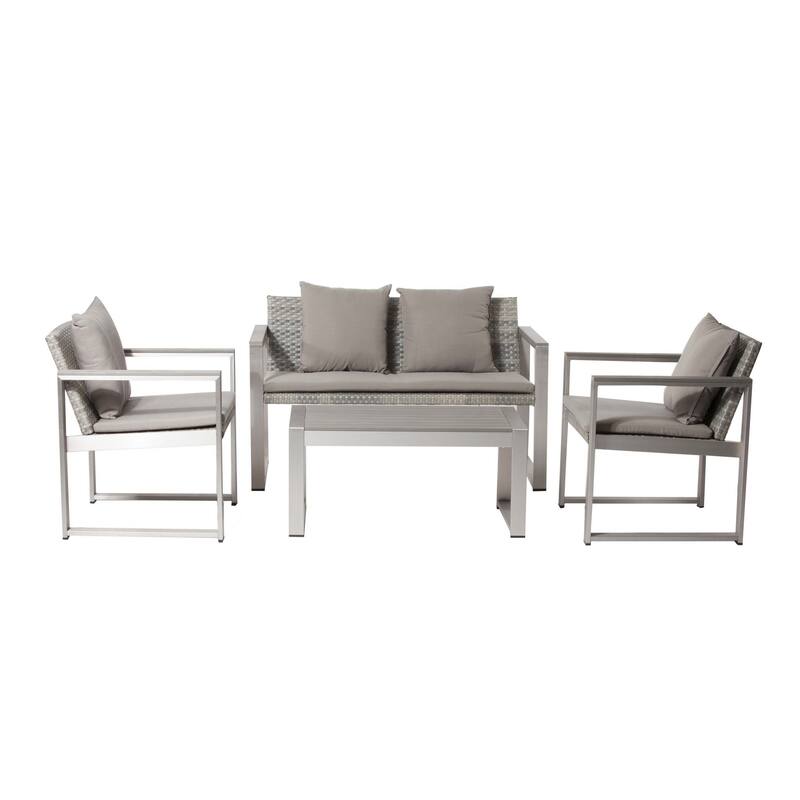 Lark 4 Piece Outdoor Sofa Set, All Weather Rattan, Gray Fabric Cushions - Grey