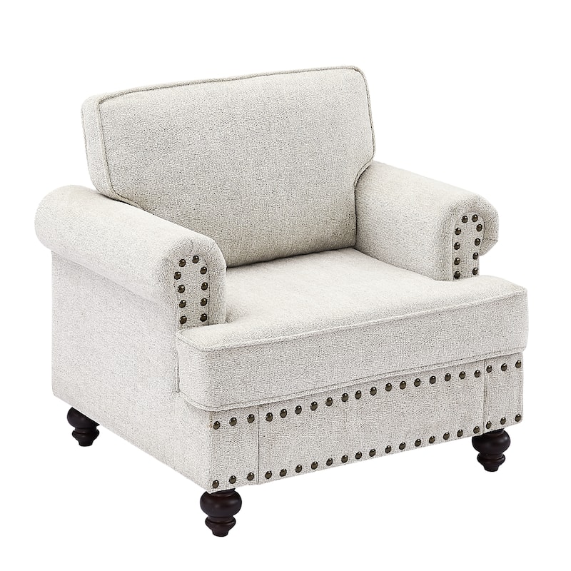 White Modern 37.2" Chenille Upholstered Accent Chair with Wood Legs and Nailheads for Living Room