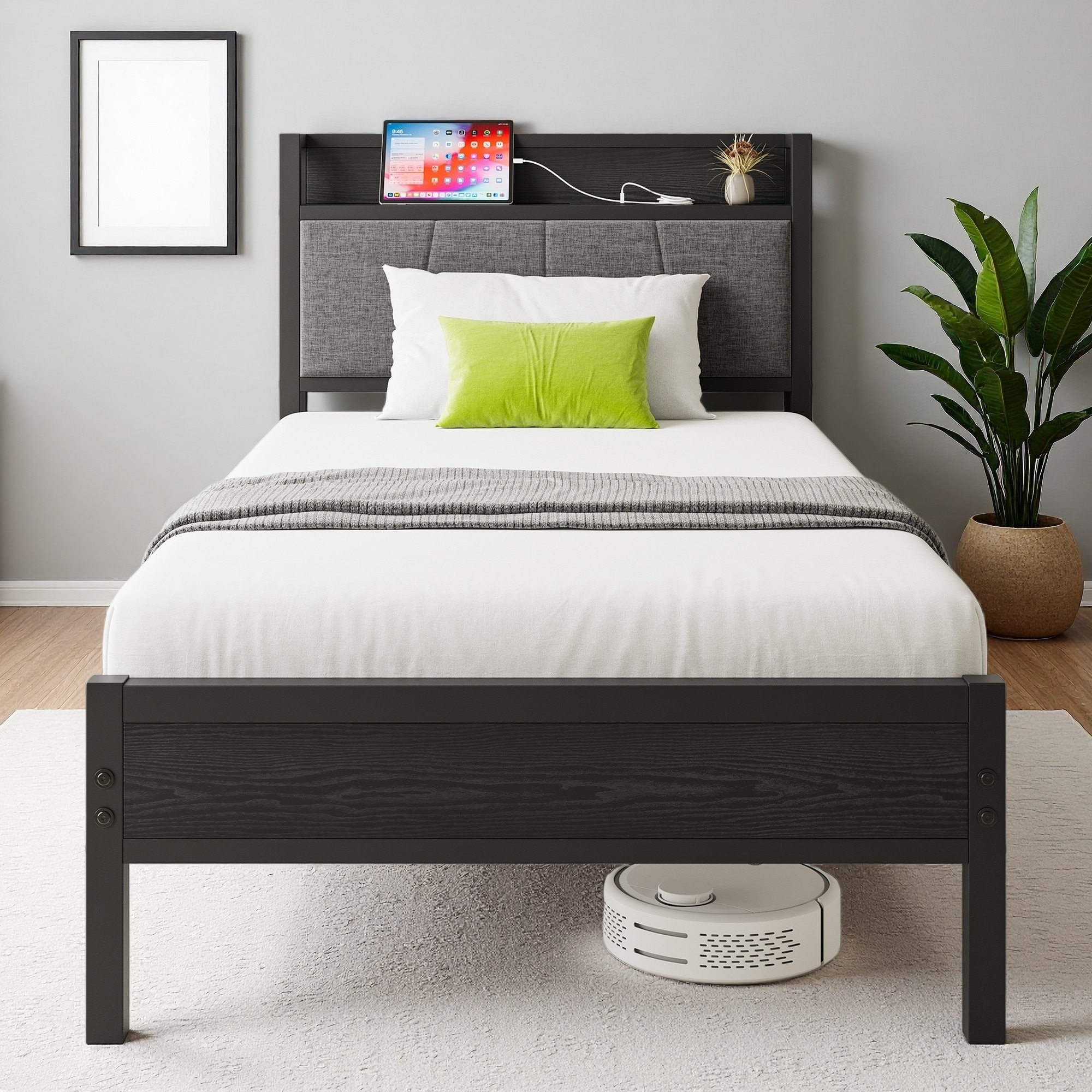 Metal Platform Bed Frame with Storage Headboard, Charging Station, and No Box Spring Needed