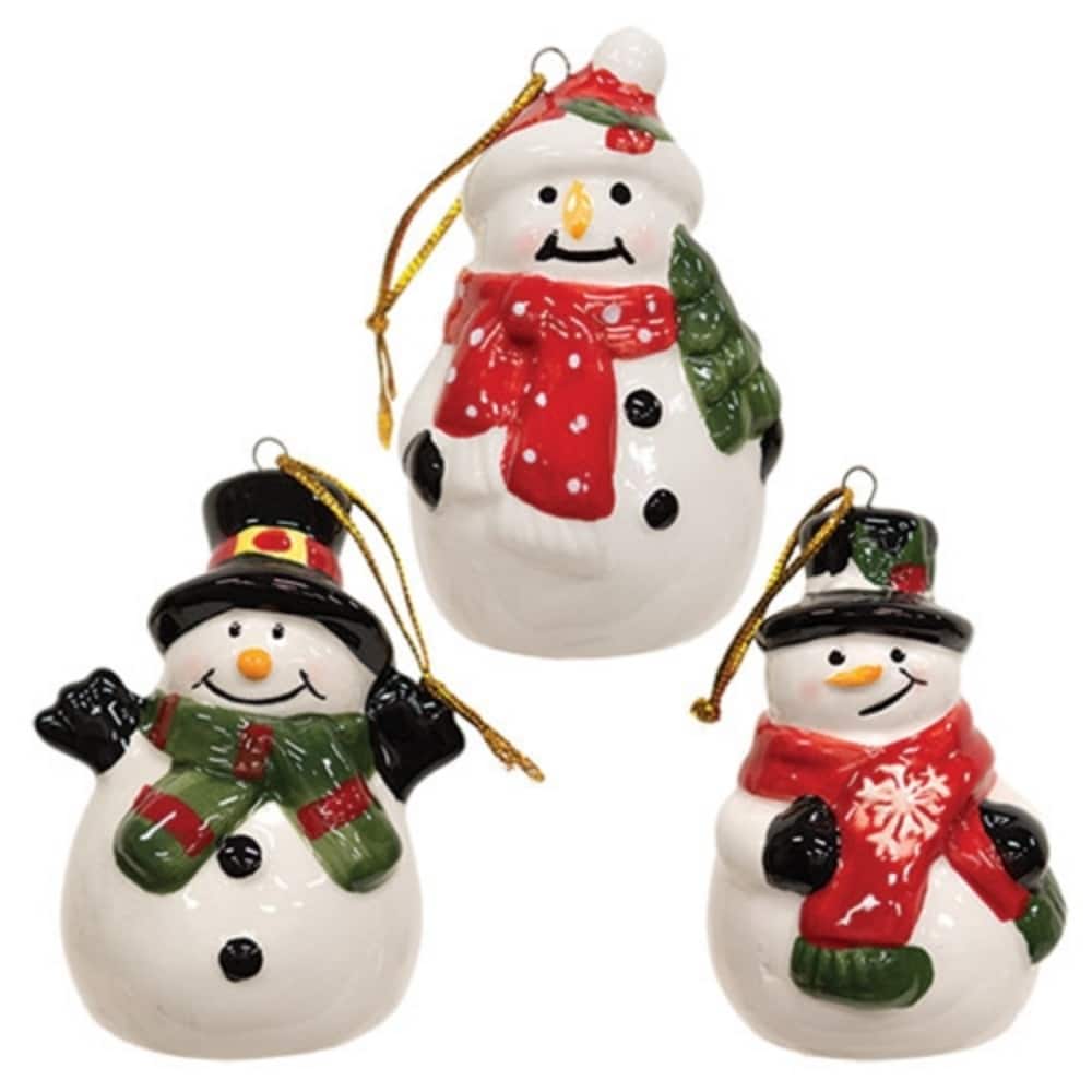 White Red Green Ceramic Snowman Ornaments with Gold Hanging Ribbon, 3 Asstd. - 3.5" H x 2" diameter