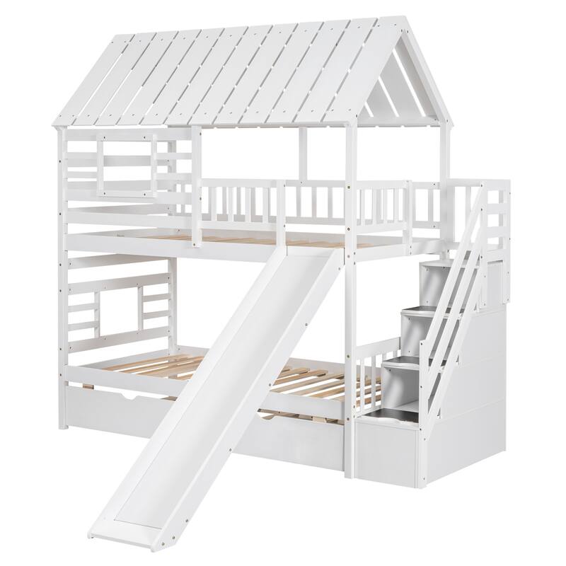 Twin Over Twin Bunk Bed with Trundle, Slide, Storage Stairs, Roof and Window Design, White