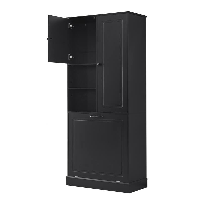 Roomfitters 67" Tall Storage Cabinet with Flip-Out Basket & Adjustable Shelves, MDF Linen Tower for Bathroom & Office