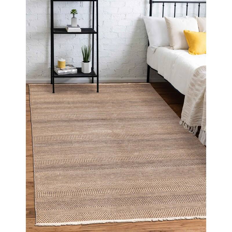 ECARPETGALLERY Hand-knotted Finest Silk Shadow Tan Viscose, Wool Rug - 5'11 x 8'10