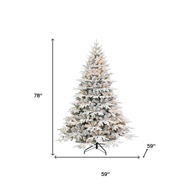 HomeRoots 6.5' White Pre Lit Full Flocked Fir Christmas Tree - 59.00 in. x 78.00 in. x 59.00 in.