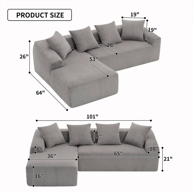 101.6" L-Shaped Corduroy Sectional Sofa with Chaise & Pillows