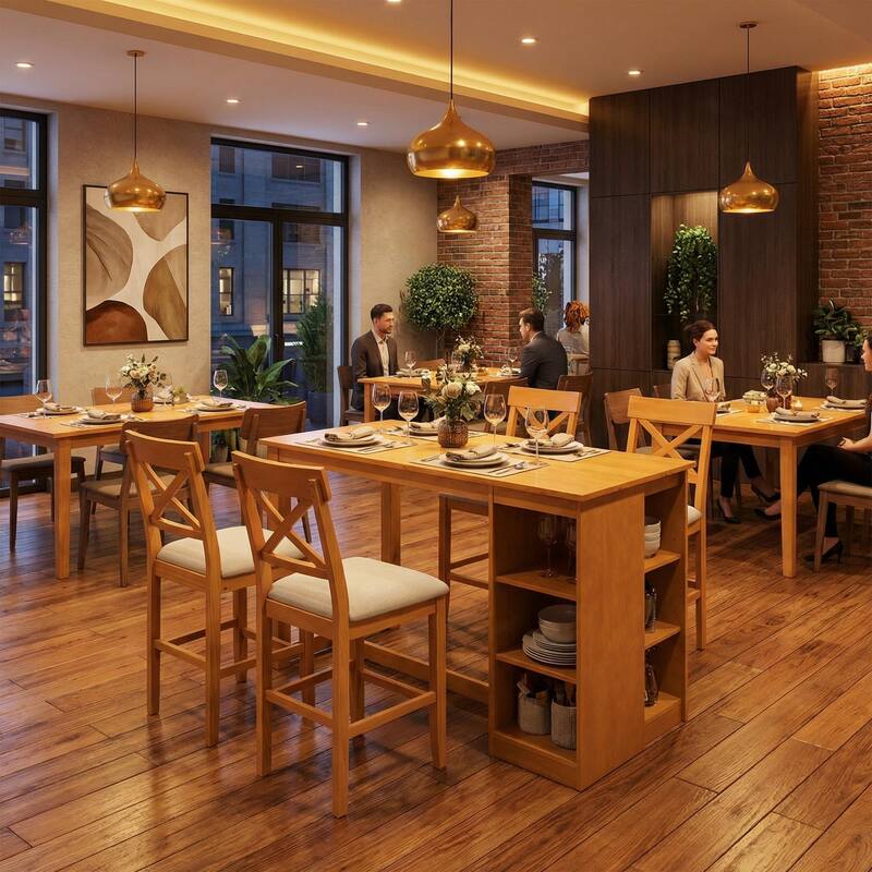 Homylin Solid Rubberwood Counter Height Dining Table Set with Storage, Brown