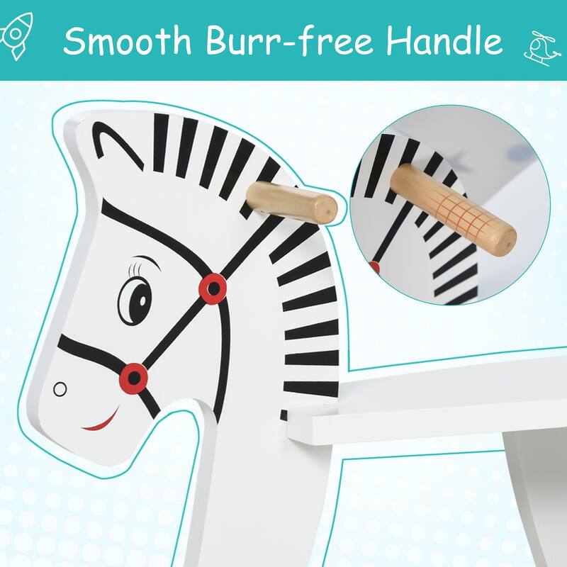 White Wooden Rocking Horse with Safety Handles Comfortable Seat Pedals and Backrest - 26.75" L x 10.5" W x 19" H