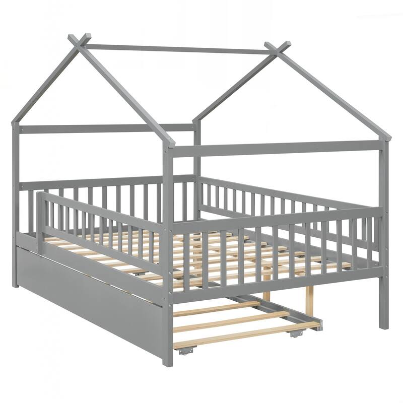 Full Size Wooden House Bed with Twin Size Trundle